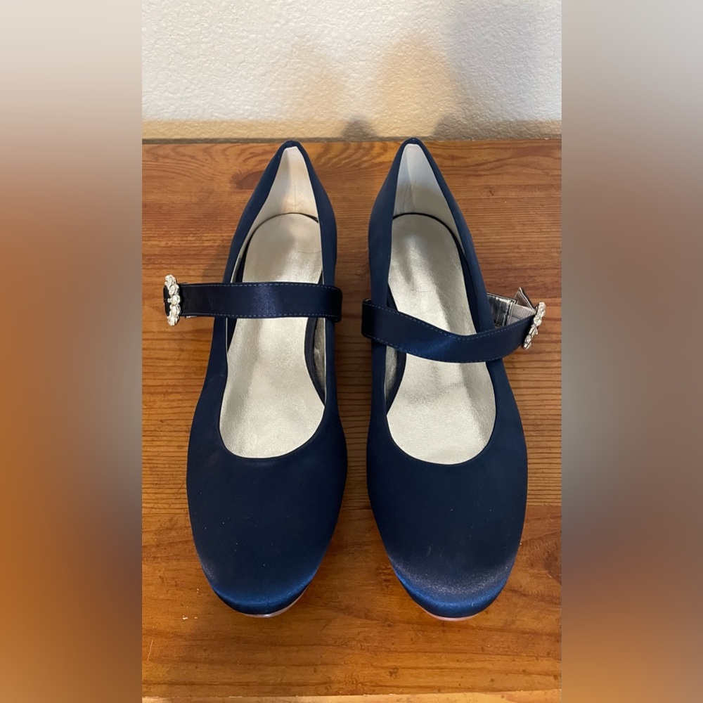 Women's Navy Satin Mary Jane Flats with Crystal Buckle